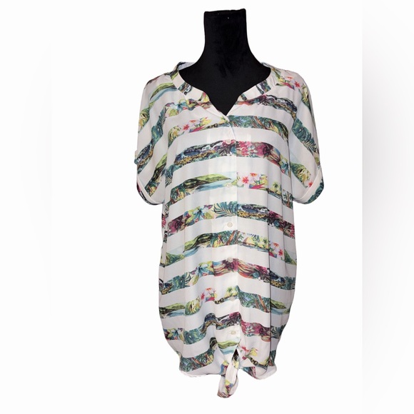 Avenue Tops - Avenue 14/16 Tropical Stripe Tie Front Blouse Plus Size